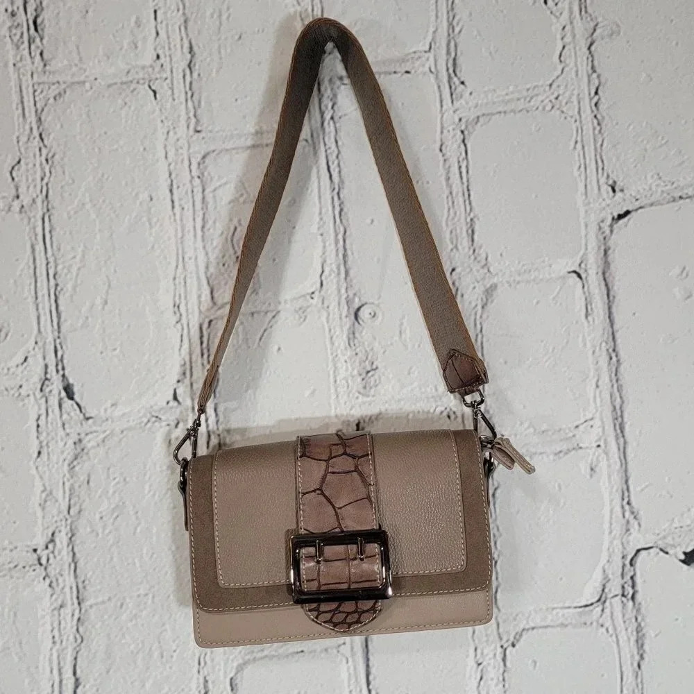 David Jones Paris Faux Leather Bag Purse Brown Croc Fabric Shoulder Strap Clutch